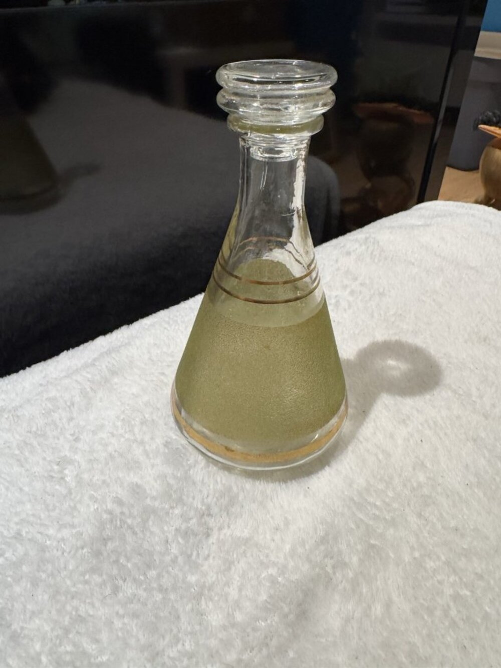 Mid Century France Frosted Green Glass Flask Decanter Bottle Gold Band Trim 8in